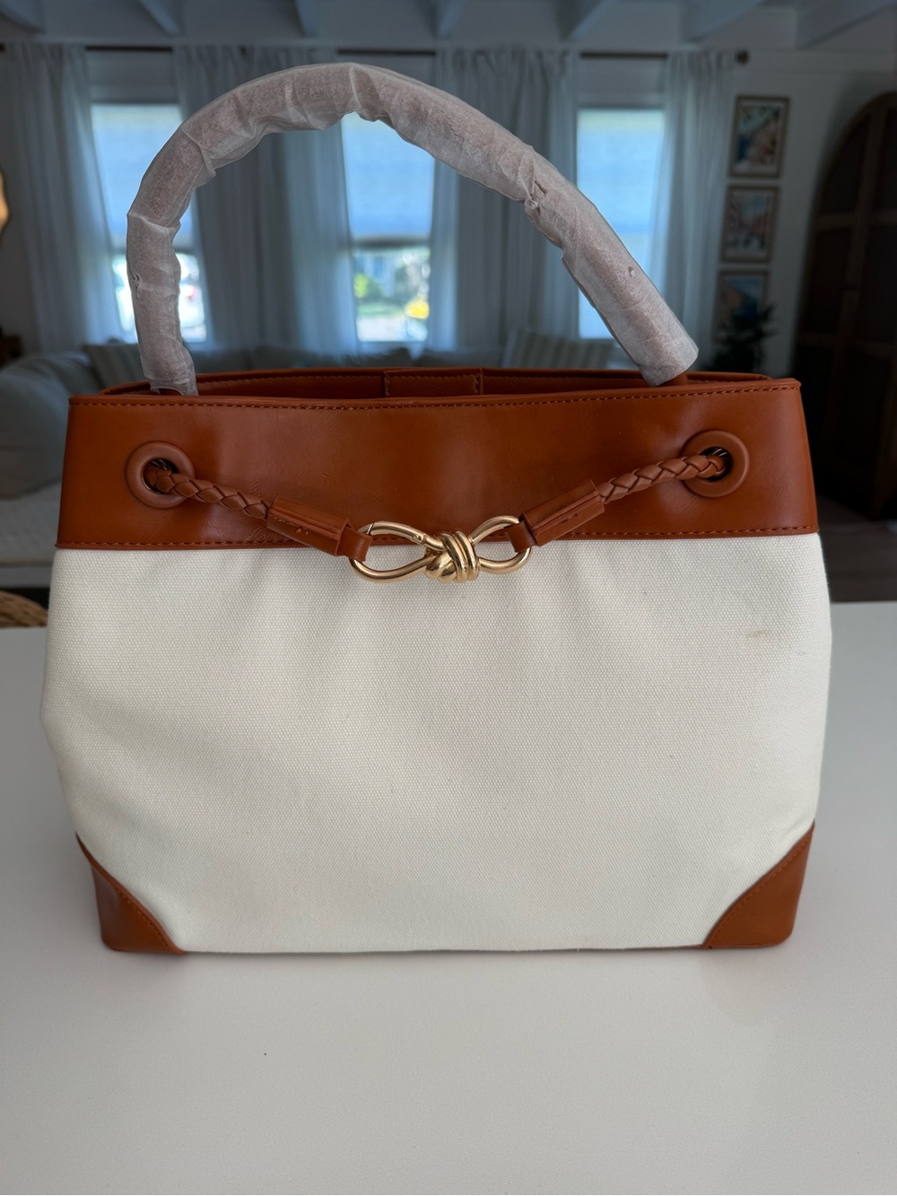 Canvas and Tan Leather Top-Handle Tote Bag - Cream/Tan